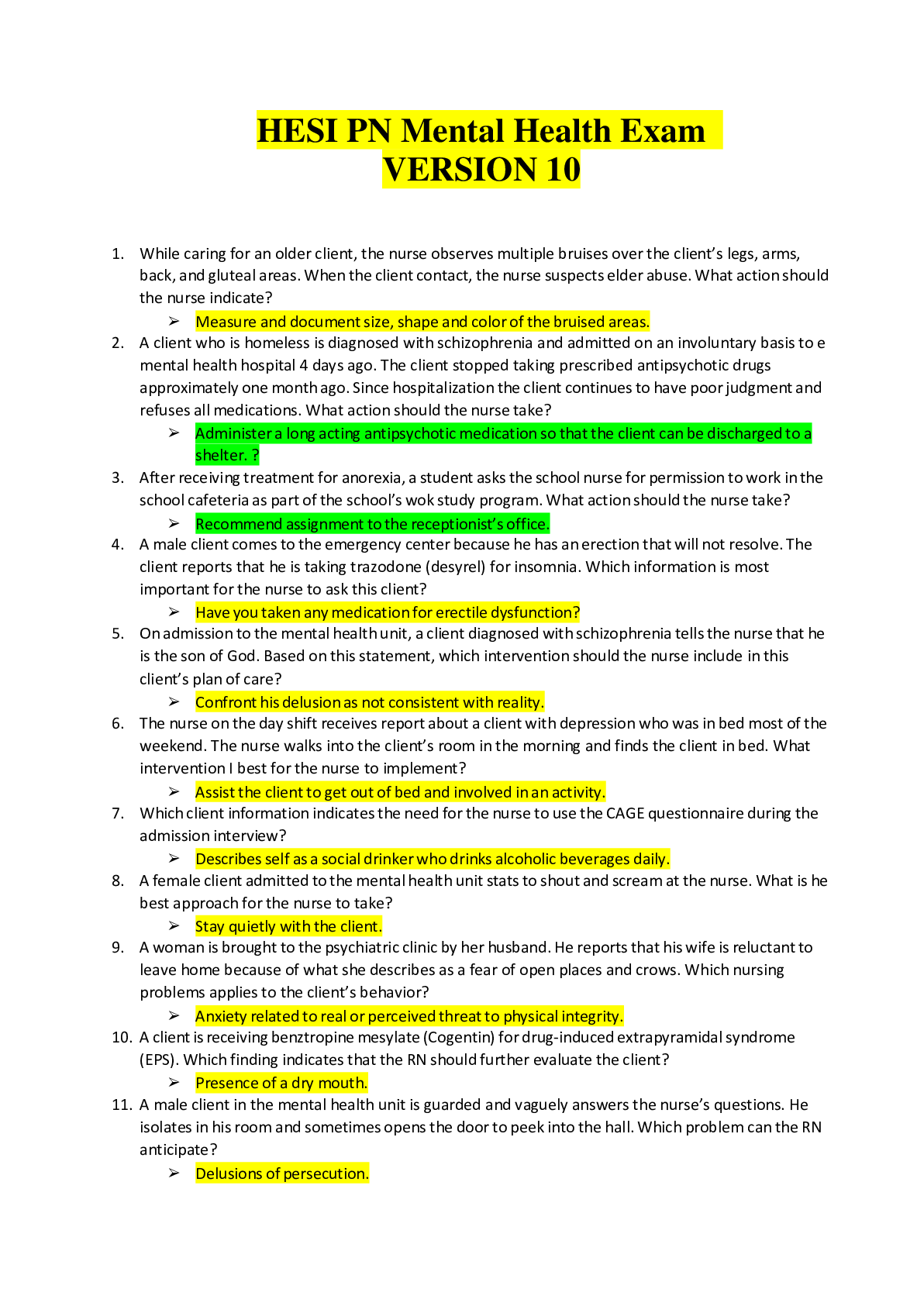 HESI PN Mental Health Exam Version 10 Questions & Answers with